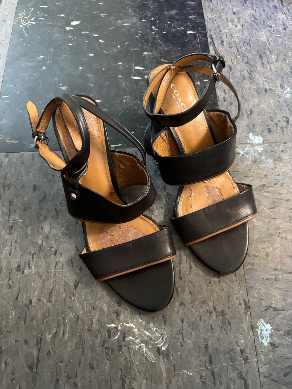 Coach Black Leather Double-Strap Ankle Sandals